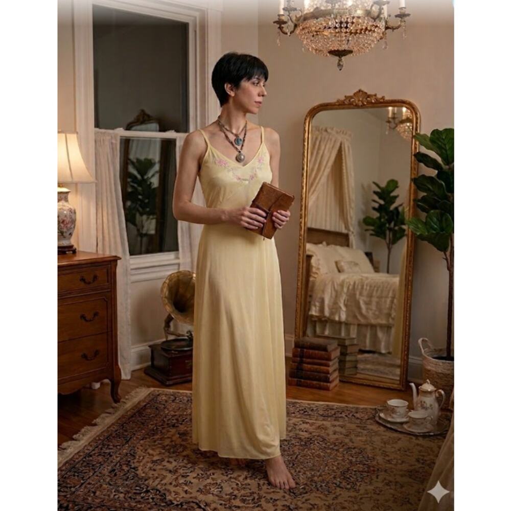 Mystique Intimates Floral Night Gown Sheer Slip Dress Sleeveless Yellow Large